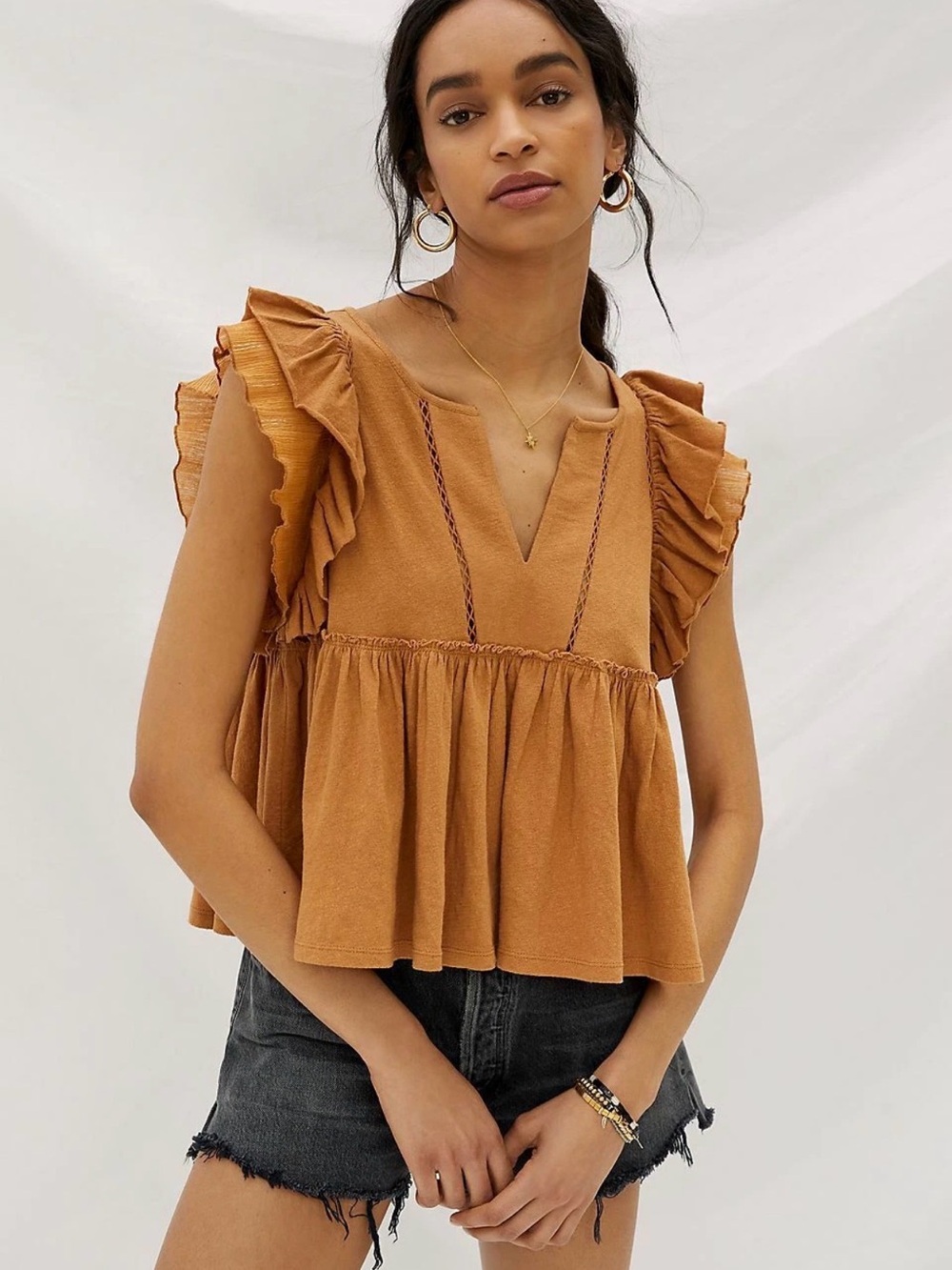 Anthropologie Rust Brown Ruffle Flutter-Sleeve Tunic Top